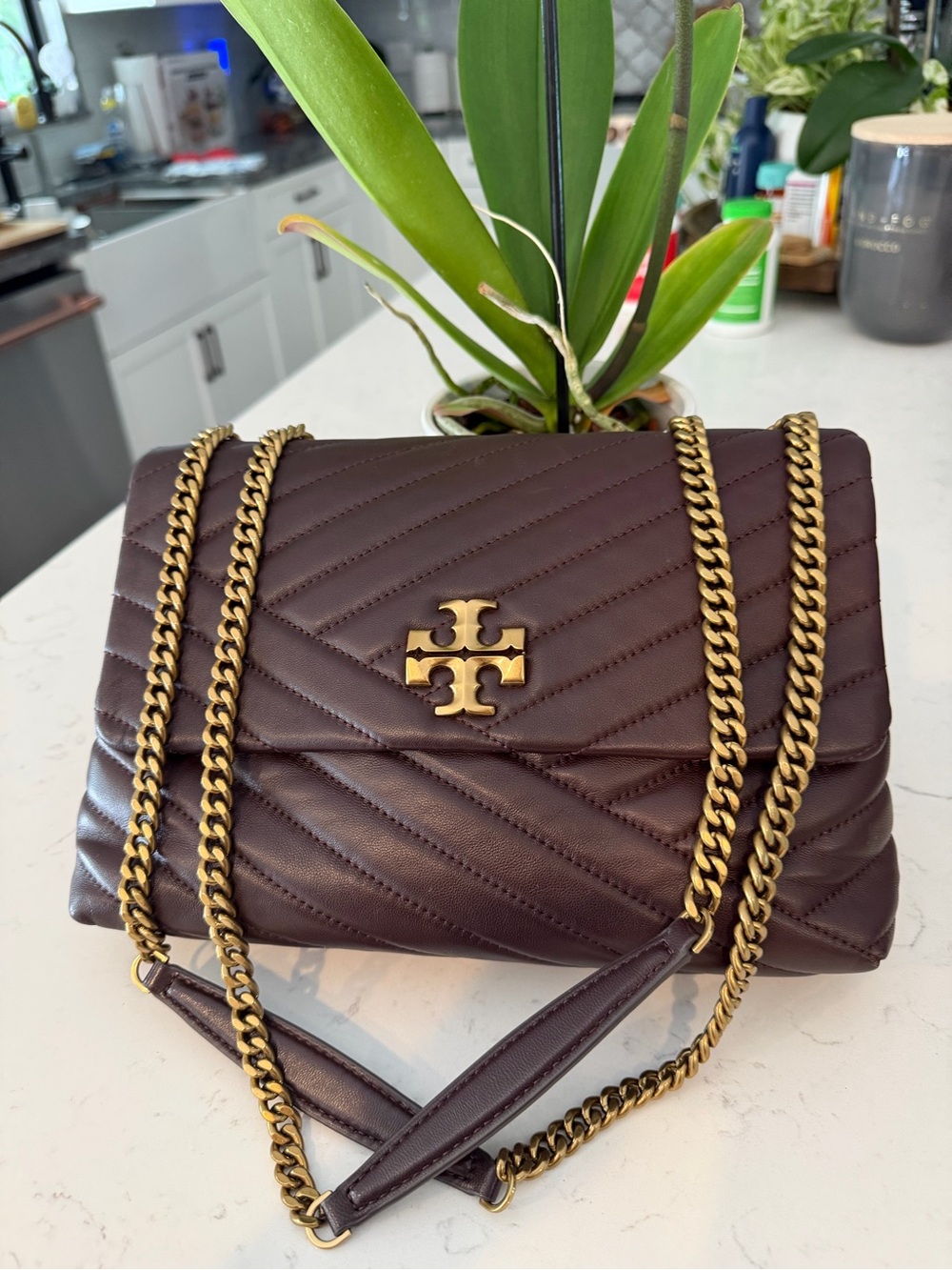 Tory Burch Quilted Shoulder Bag in Deep Wine with Gold Hardware